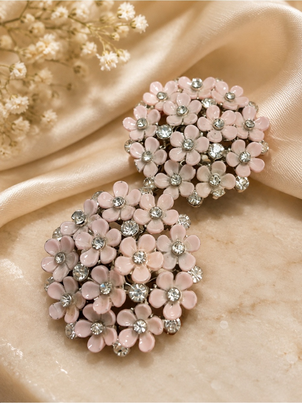 Vintage VENDOME Pink Enamel Flower Rhinestone Cluster Clip Earrings